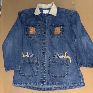 Vintage 90s Women's Denim Jacket Embroidered Noah’s Ark M/L Casey Coleman